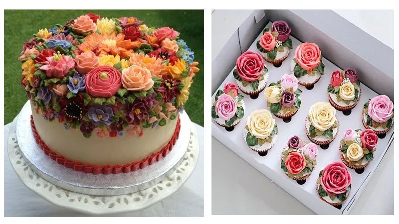 تزئین کیک با شکوفه و گلهای رنگارنگ بهاری